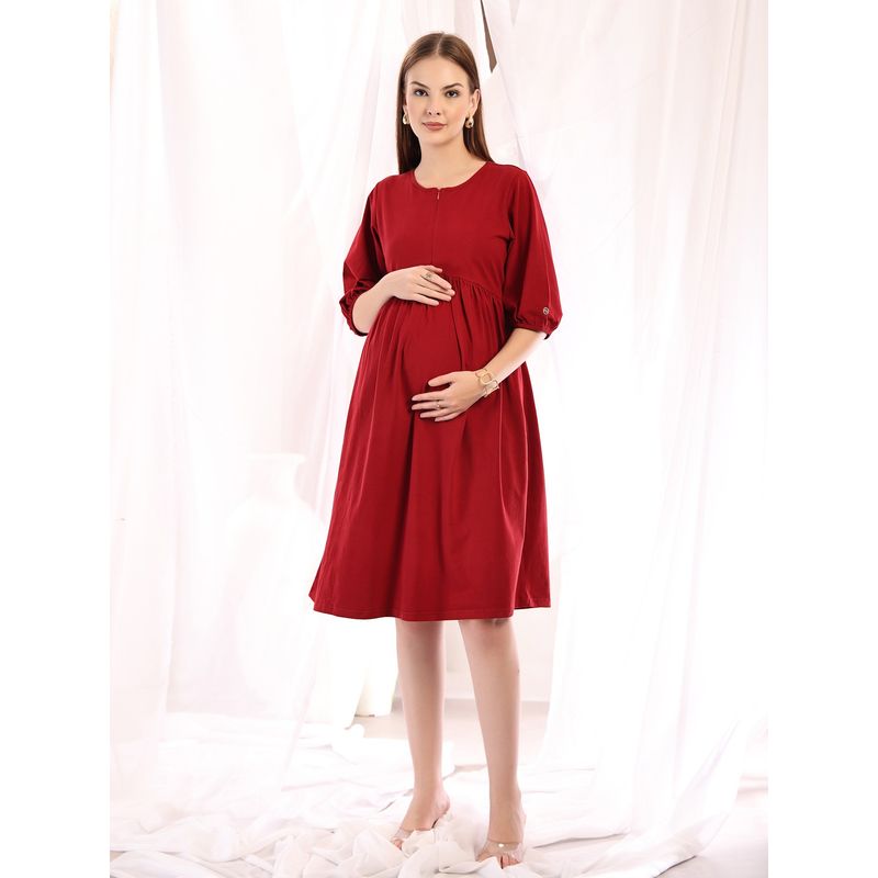 Zelena Cotton Stretch Maternity And Nursing Dress - Deep Red (L)