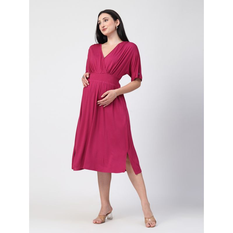 Zelena Cotton Maternity Zipless Feeding Dress - Deep Rose (M)
