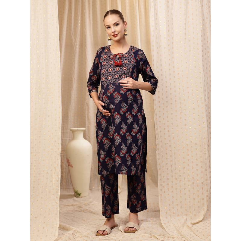Zelena Floral Cotton Kurta With Pant - Zip Feeding, Postpartum Wear - Navy Blue Floral (2XL)