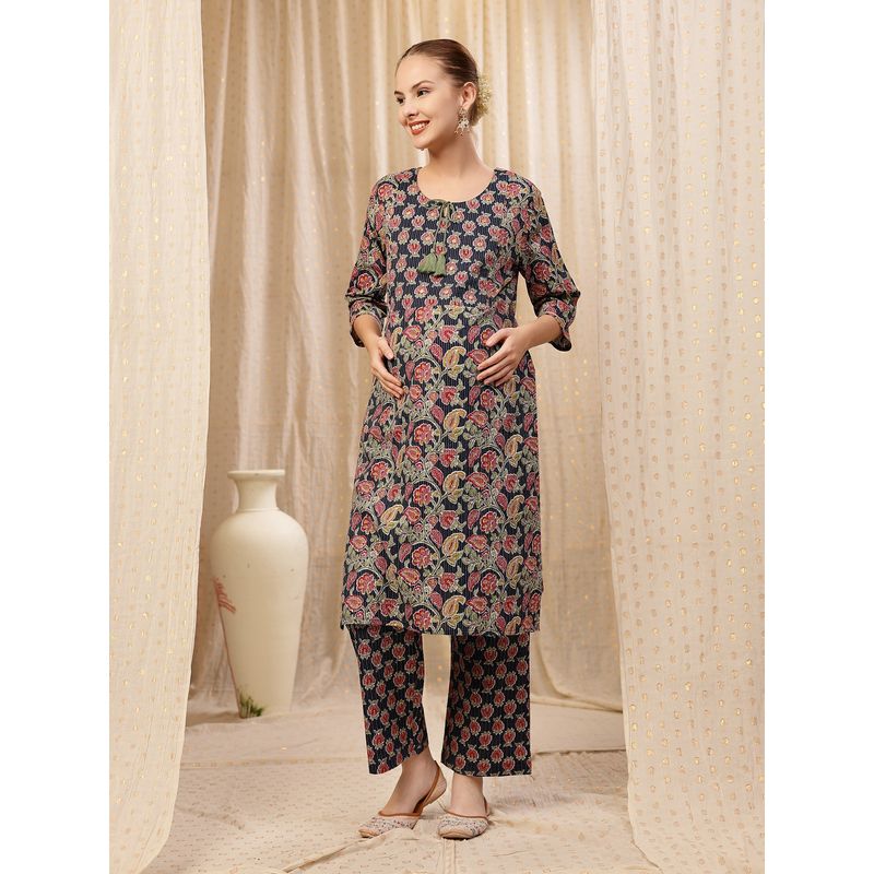 Zelena Floral Cotton Kurta With Pant - Zip Feeding, Postpartum Wear - Navy Blue (XL)