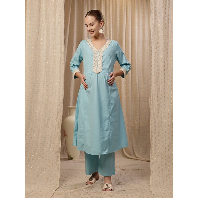 Zelena Cotton Maternity Kurta With Pant - Lace Detailing, Pocket And Pants - Light Blue (M)