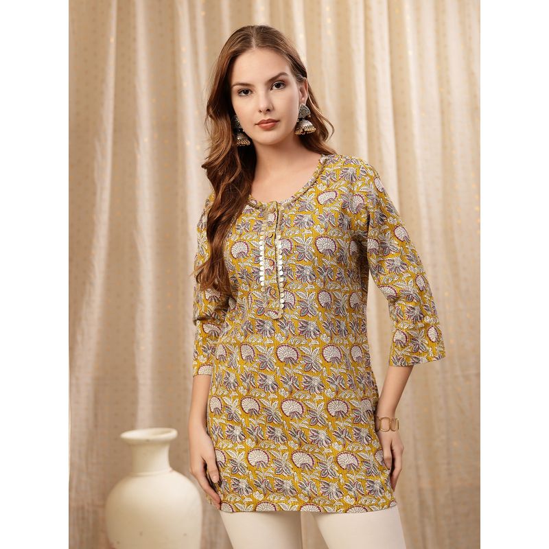 Zelena Cotton Zipless Short Kurti - Embroidered Neck, Maternity And Nursing - Yellow (M)