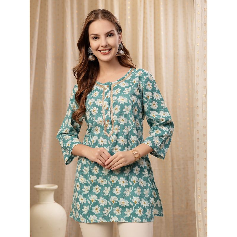 Zelena Cotton Zipless Short Kurti - Embroidered Neck, Maternity Nursing - Floral Teal (L)