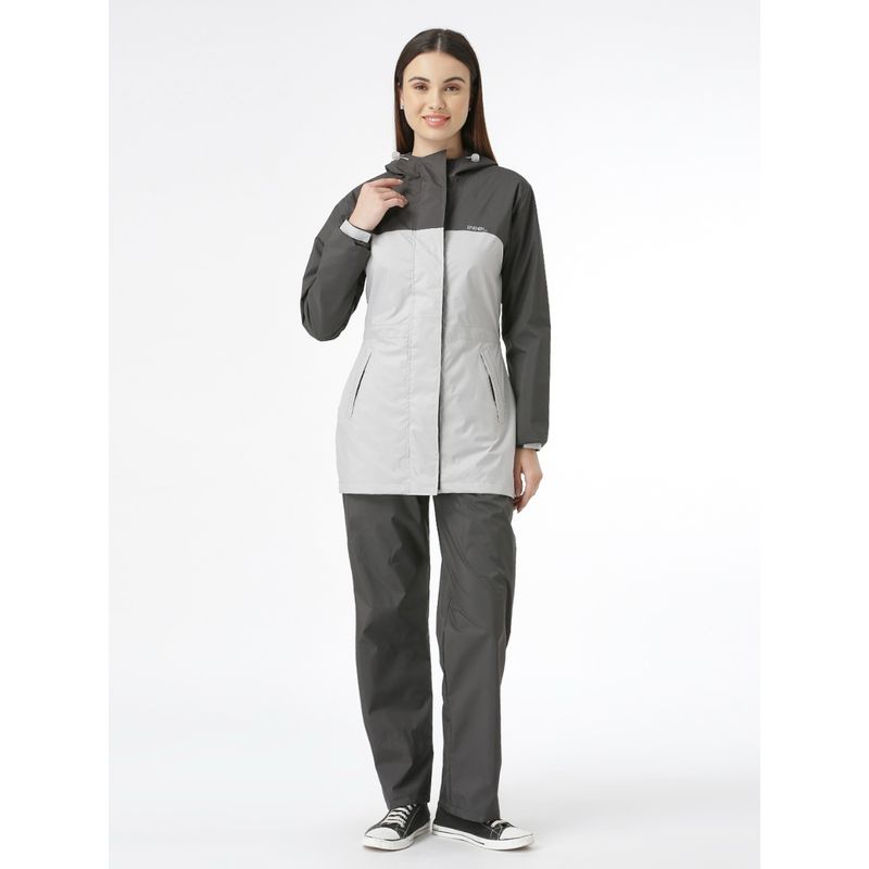 ZEEL Premium Colorblock Grey Women Rain Jacket with Pant (Set of 2) (2XL)