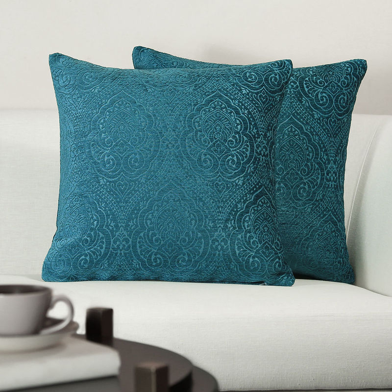 GM Damask Turquoise Color Jacquard 2 Pieces Cushion Covers (16 x 16 inches)