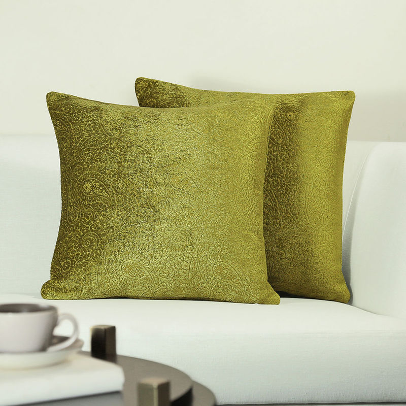 GM Paisley Green Color Jacquard 2 Pieces Cushion Covers (16 x 16 inches)