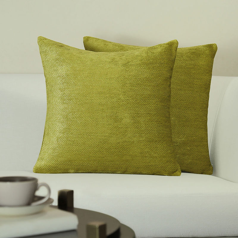 GM Herringbone Green Color Jacquard 2 Pieces Cushion Covers (16 x 16 inches)