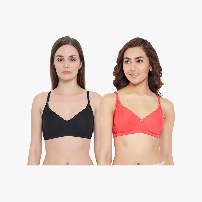 Clovia Pack Of 2 Cotton Non-padded Non-wired Full Coverage T-shirt Bra With Lace - Multi-Color (36C)