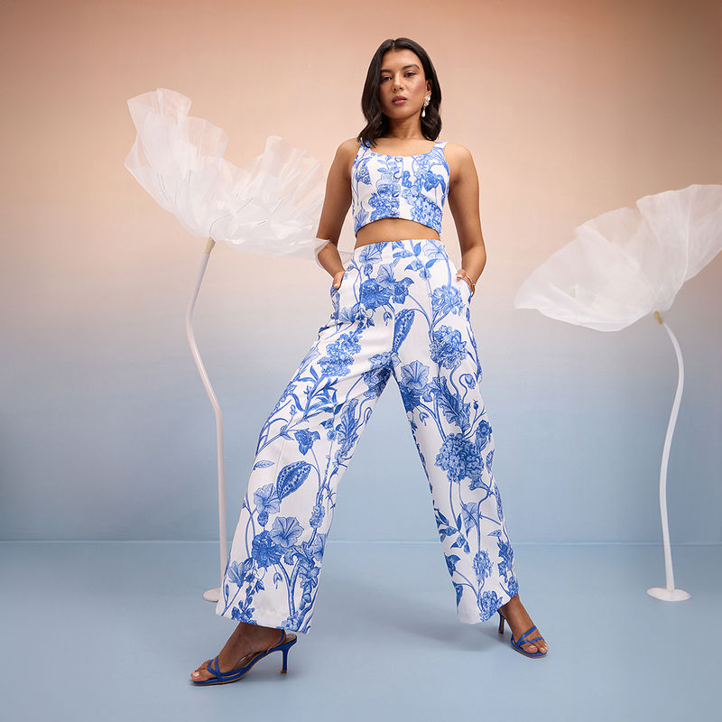 RSVP by Nykaa Fashion Blue and White Floral Printed High Waist Linen Pants (26)
