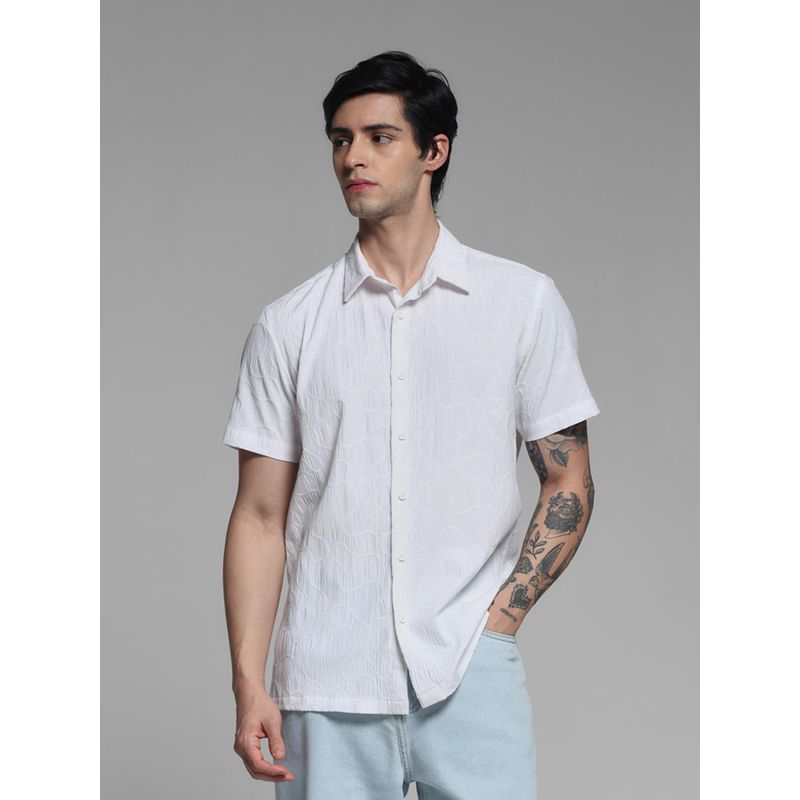 Jack & Jones Mens White Self Design Comfort Fit Half Sleeves Shirt (XL)