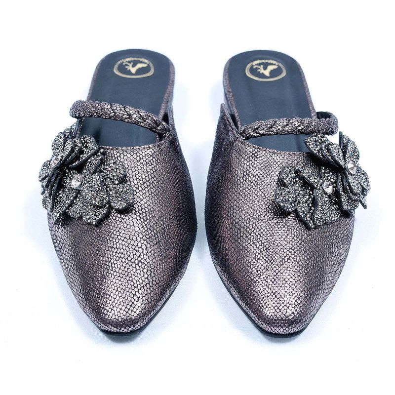 Sana K Luxurious Footwear Silver Lilly Mules Close Toe Faux Leather Flat Mules (EURO 35)