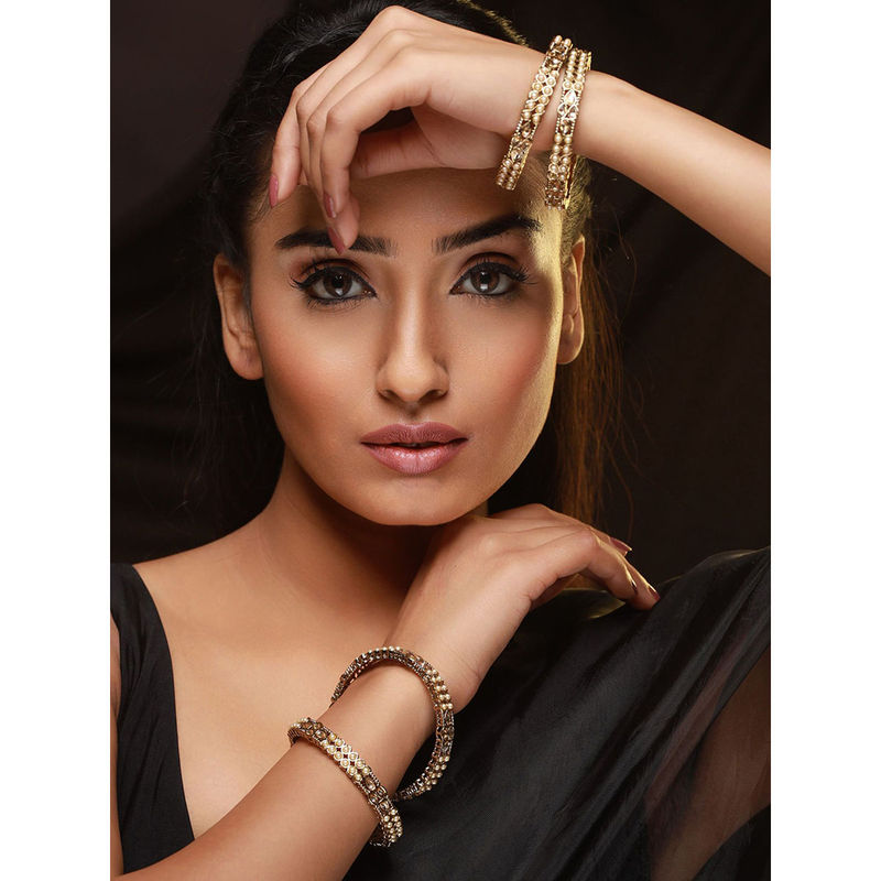 Aatmana Set of 4 Gold-Plated Pearl & White Kundan Studded Bangles (2.4)