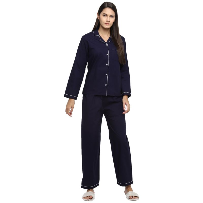 Shopbloom Premium Cotton White Piping Long Sleeve Womens Night Suit | Lounge Wear- Navy Blue (L)