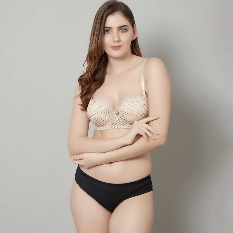 Prettycat Beautiful Polka Print Lightly Padded Balconette Bra Panty Set - Beige (32B)
