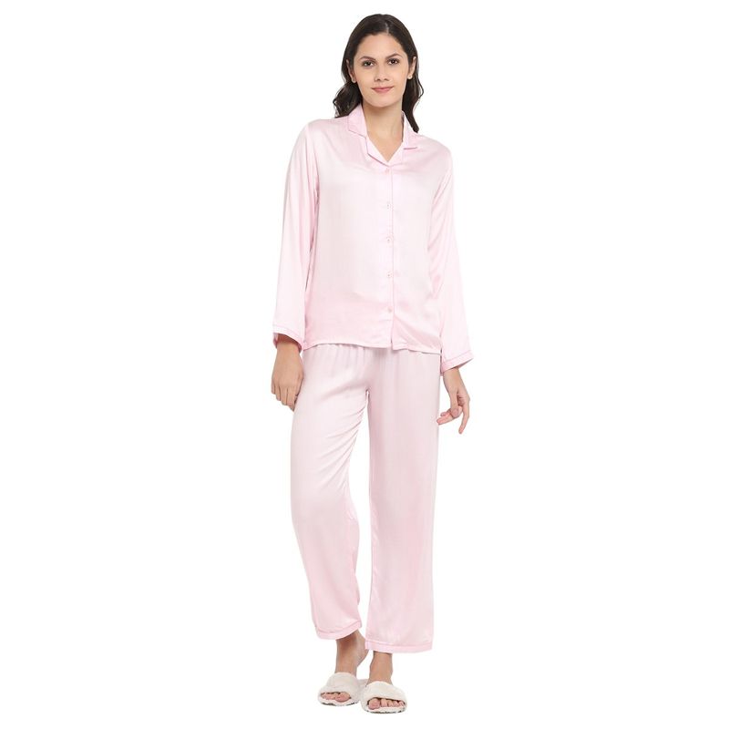 Shopbloom Ultra Soft Modal Satin Long Sleeve Women's Night Suit| Lounge Wear- Pink (XS)
