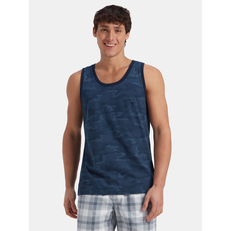 Jockey AM67 Navy Blue Men Cotton Blend Printed Tank Top (S)