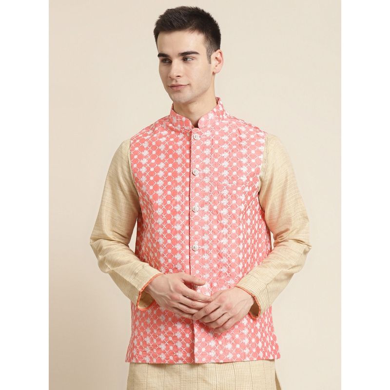 SOJANYA Silk Blend Peach Embroidered Only Nehru Jacket (S)