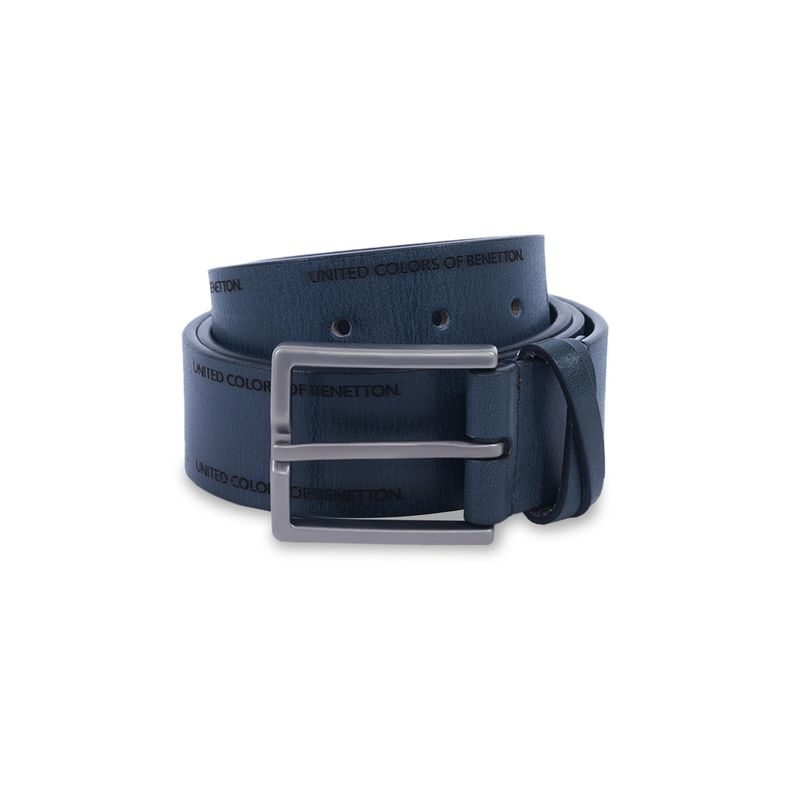United Colors of Benetton Men Leather Belt - Old English Brush Buckle - Navy Blue (S)