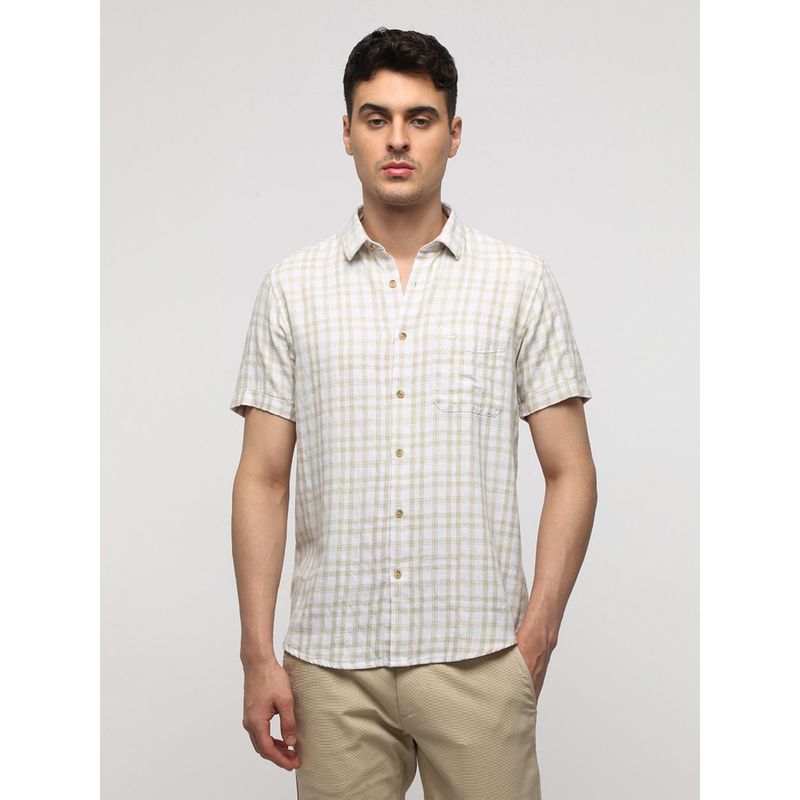 Crocodile Men White Comfort Fit Checkered Natural Plaid Linen Blend Shirt (46)