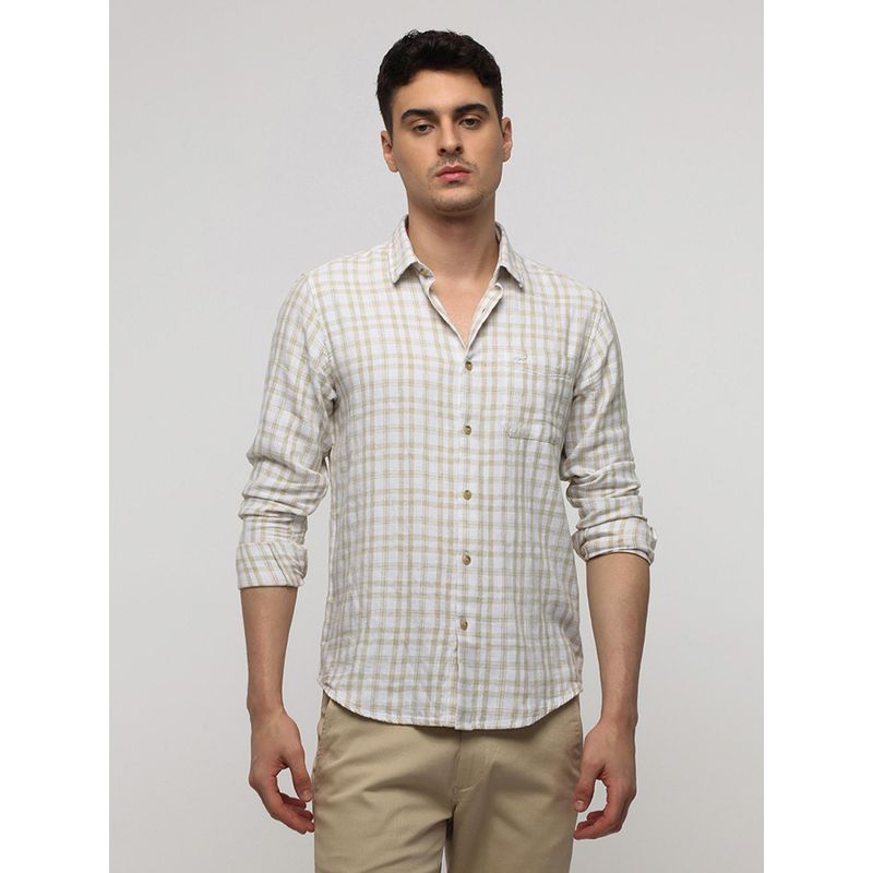 Crocodile Men Comfort Fit White Checkered Natural Plaid Linen Blend Shirt (46)