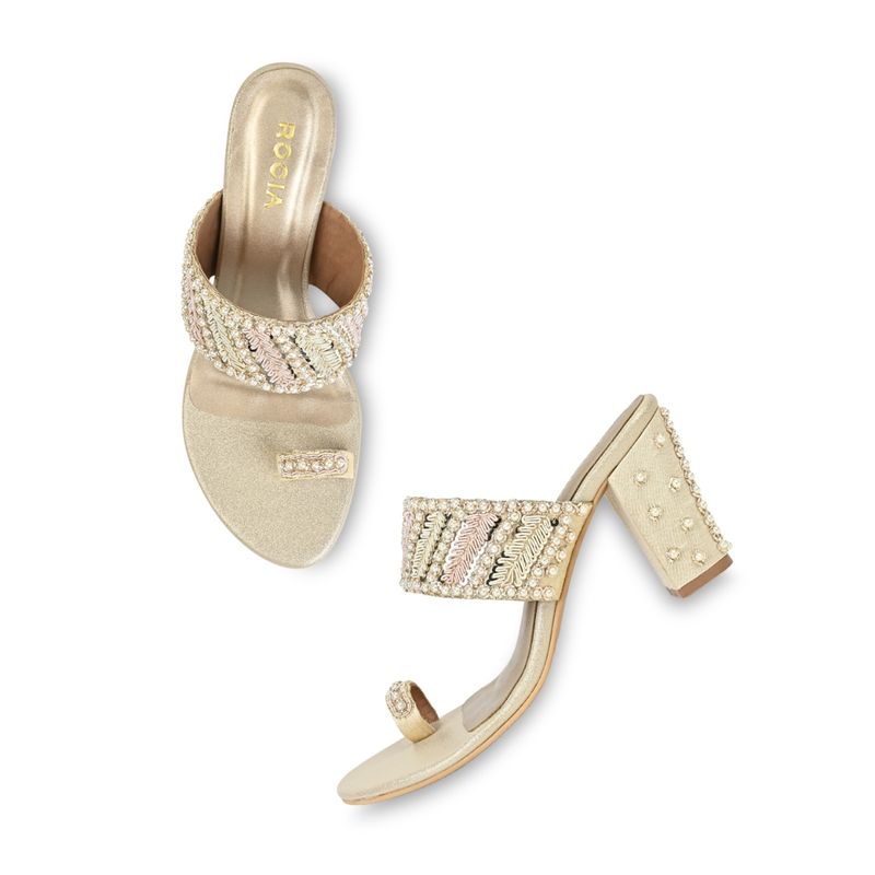 ROCIA Gold Women Hand Embroidered Block Heel Sandals (EURO 36)