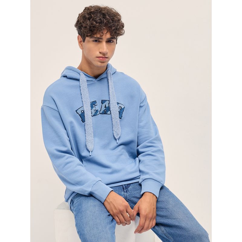 THE BEAR HOUSE Men's Blue Relaxed Fit Embroidered Cotton Casual Hoodie (M)