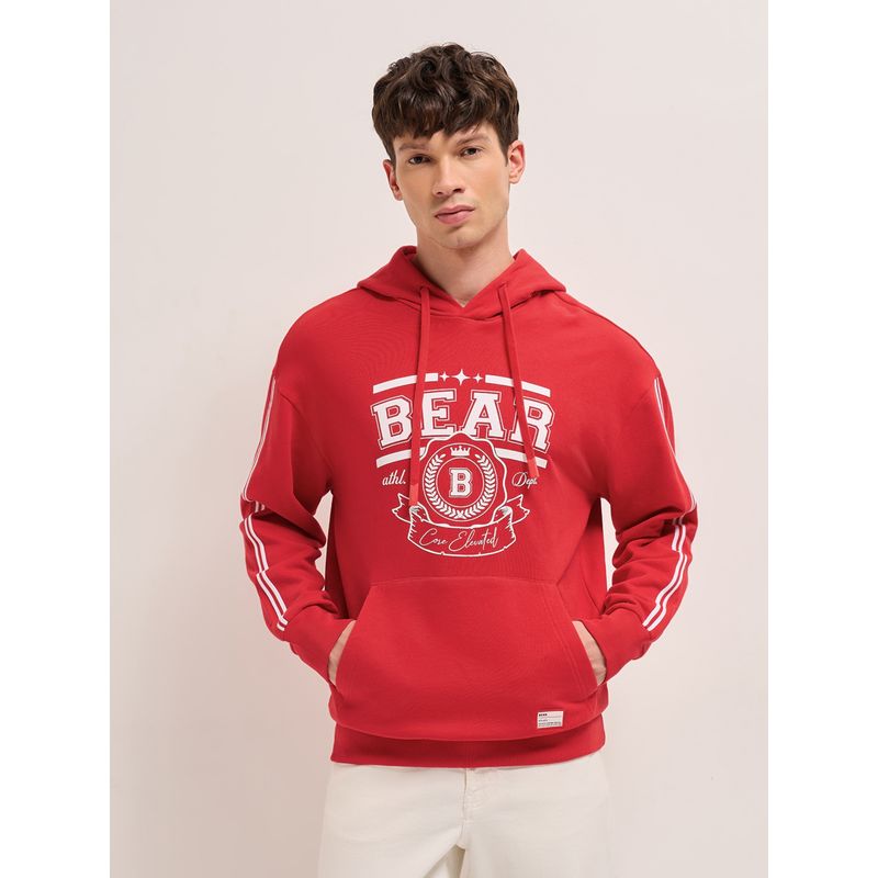 THE BEAR HOUSE Men's Red Relaxed Fit Printed Cotton Casual Hoodie (L)