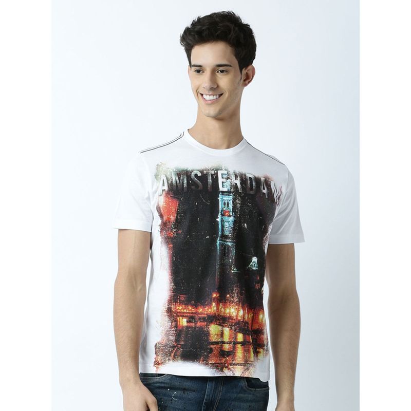 Huetrap Mens Printed Round Neck White T-Shirt (L)