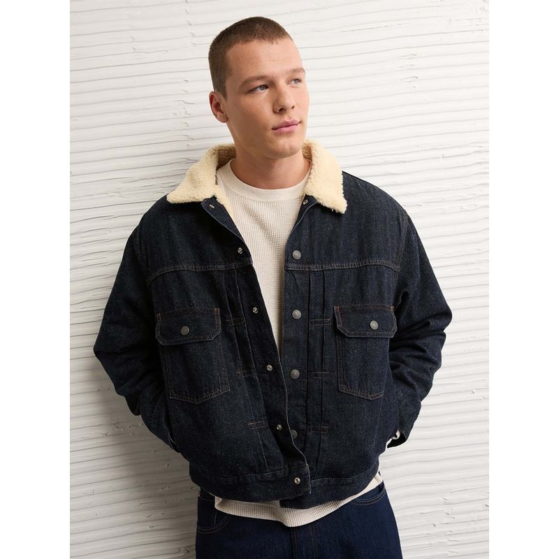 American Eagle Men Navy Blue Sherpa Denim Full Sleeves Jacket (M)