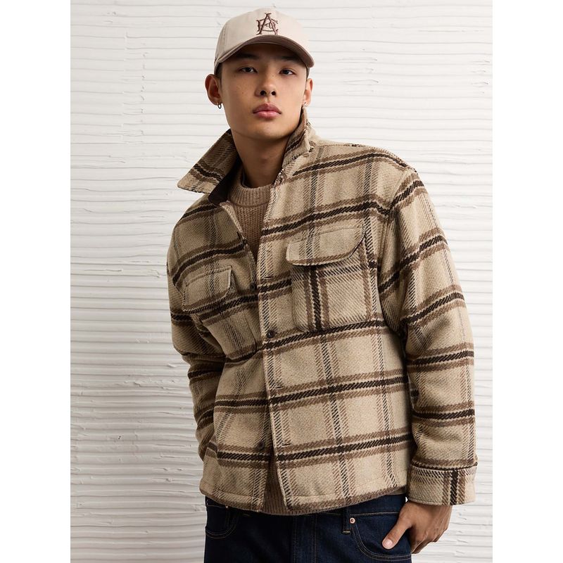 American Eagle Men Beige Checks Shacket (L)