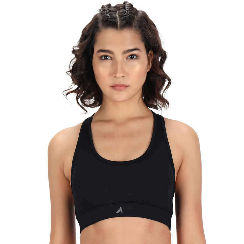 Athlisis Women Black Solid Non-Wired Lightly Padded Workout Bra - Black (L)