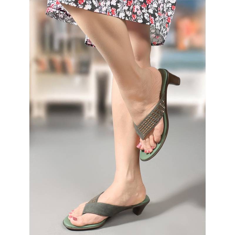 Carlton London Olive Embellished Open Back and Block Heels Sandals (EURO 36)