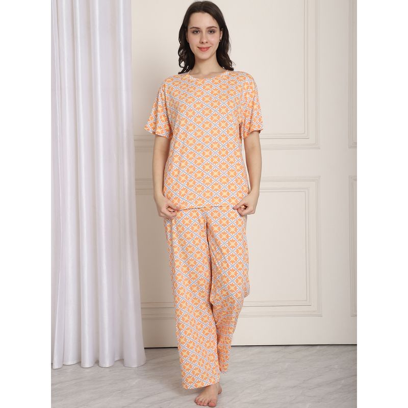Kanvin Orange Ethnic Motifs Printed Cotton Night Suit (Set of 2) (S)