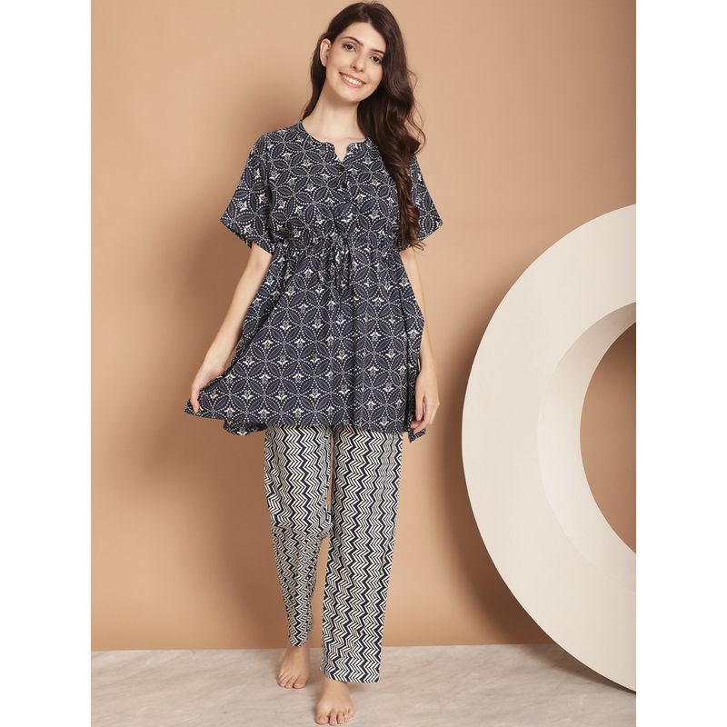Kanvin Navy Blue Geometric Printed Pure Cotton Night Suit (Set of 2) (L)