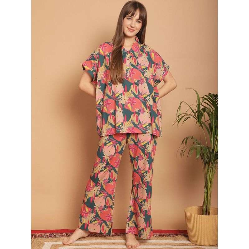 Kanvin Green Floral Printed Pure Cotton Night Suit (Set of 2) (L)