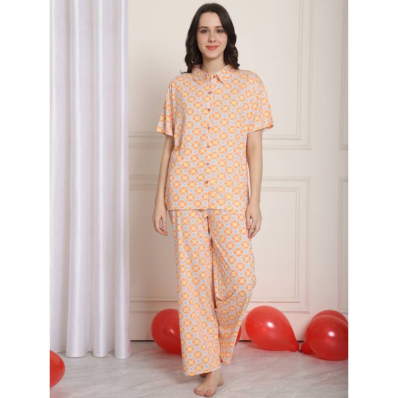 Kanvin Orange Geometric Printed Short Sleeves Night Suit (Set of 2) (S)
