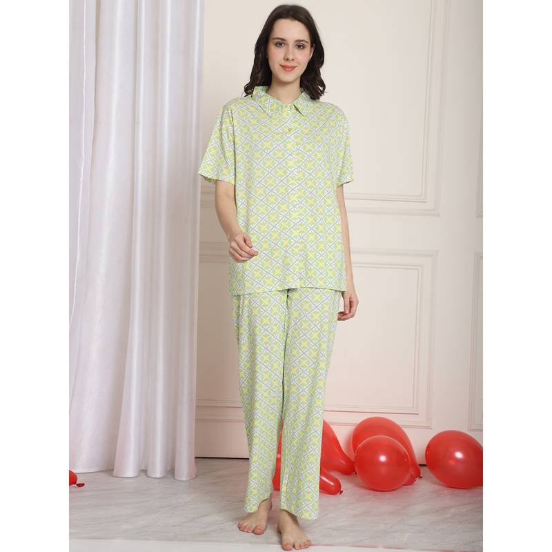 Kanvin Green Geometric Printed Short Sleeves Night Suit (Set of 2) (S)
