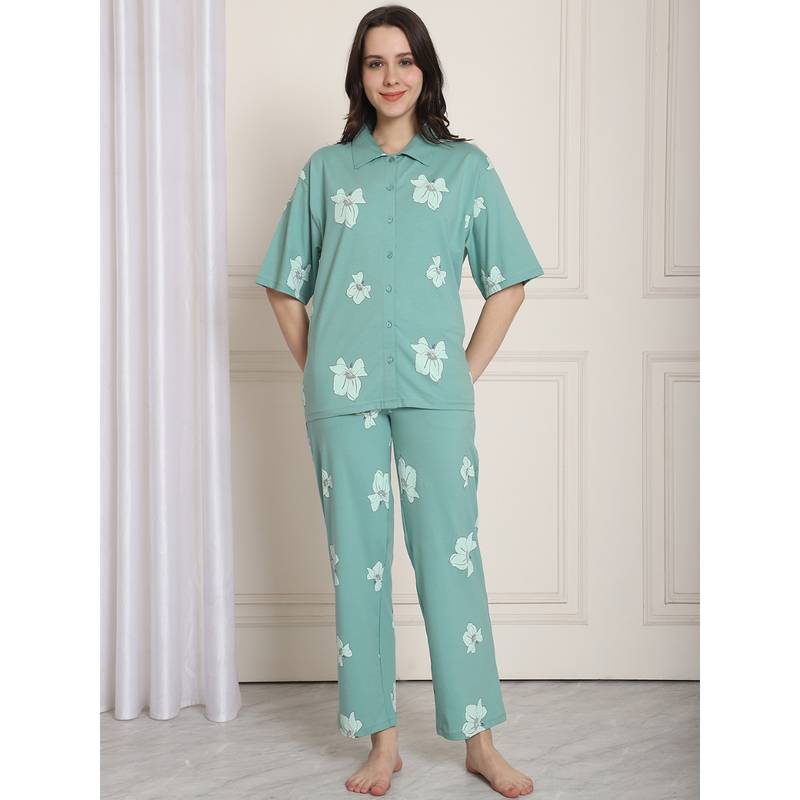 Kanvin Blue Floral Printed Pure Cotton Night Suit (Set of 2) (S)