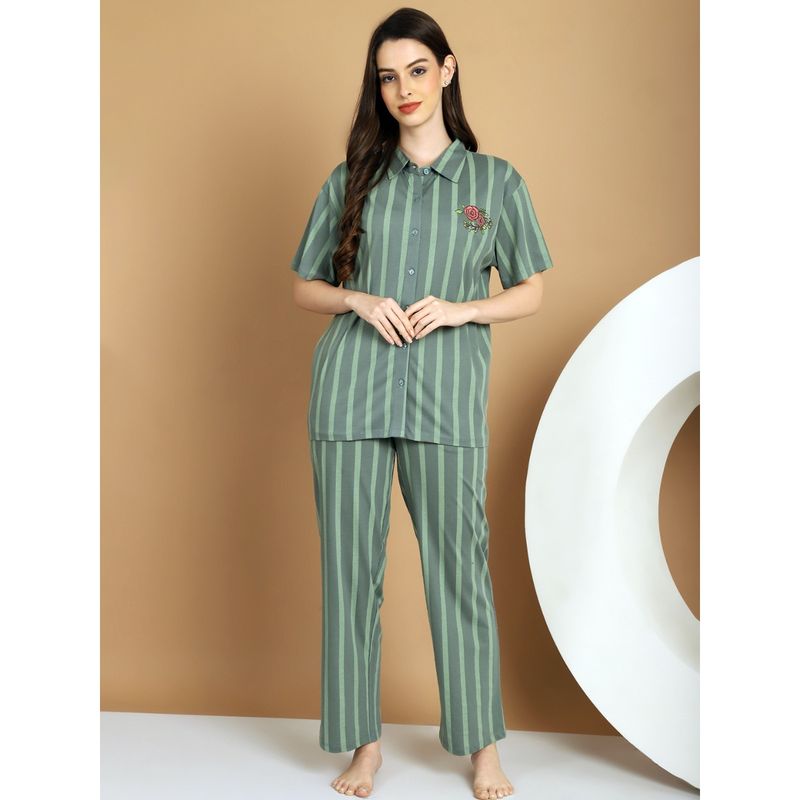 Kanvin Green Stripes Pure Cotton Night Suit (Set of 2) (S)