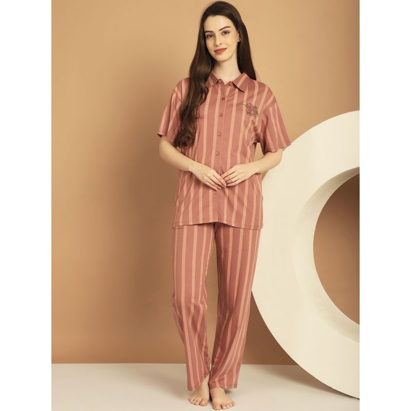 Kanvin Brown Stripes Pure Cotton Night Suit (Set of 2) (S)