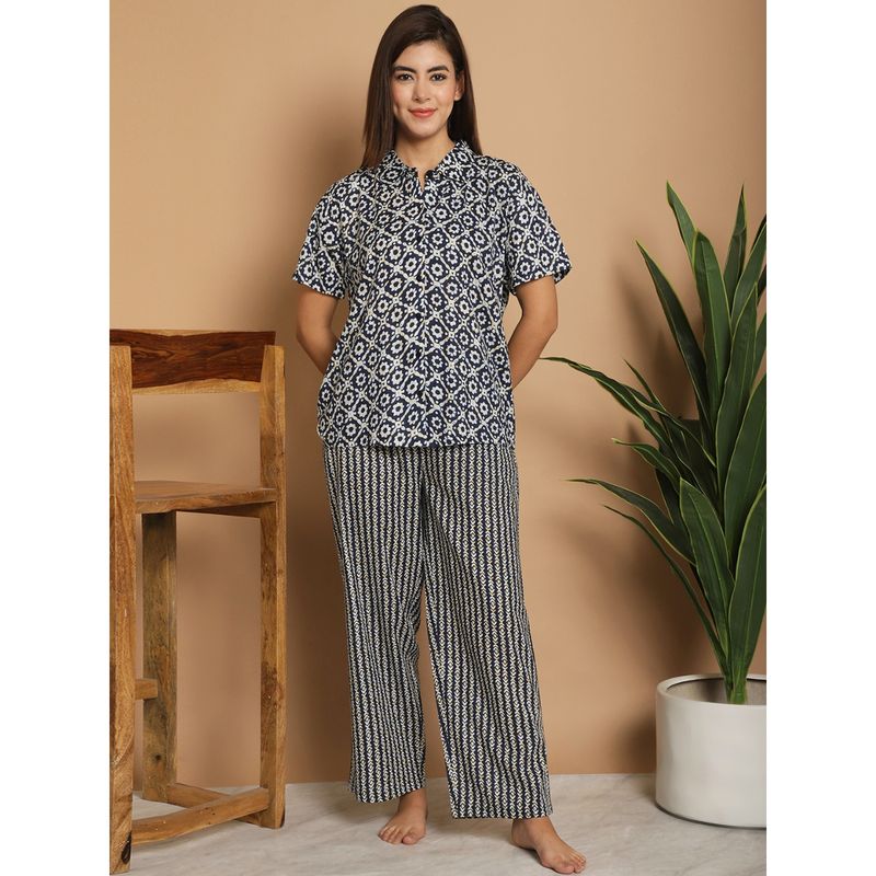 Kanvin Navy Blue Floral Printed Cotton Night Suit (Set of 2) (M)