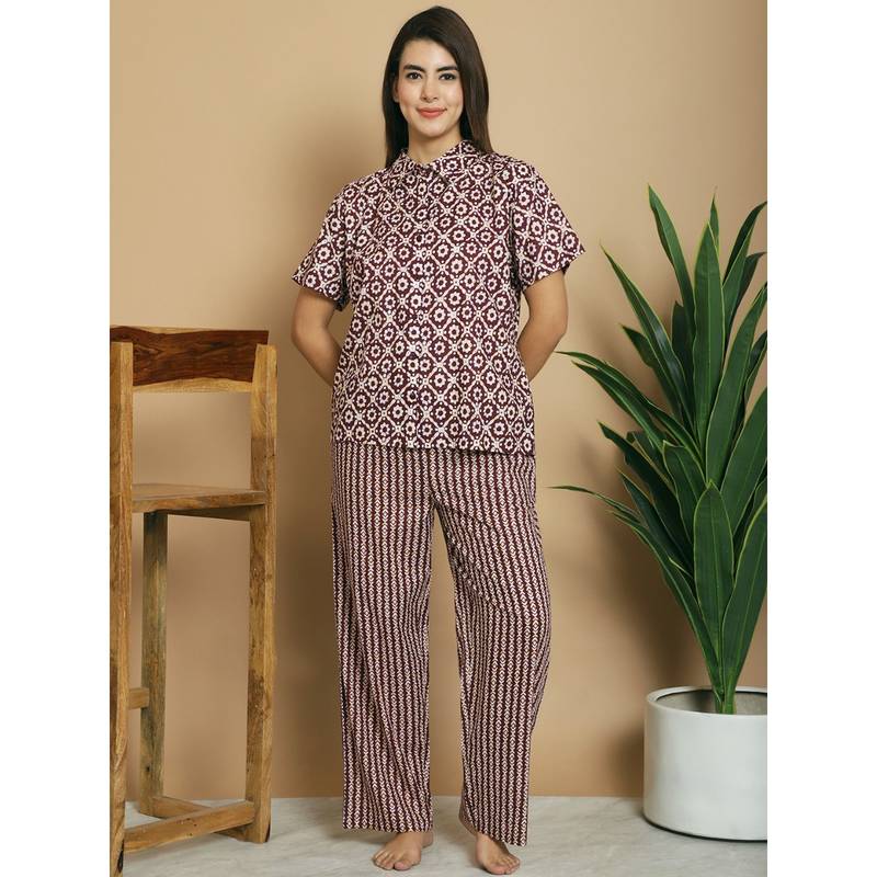 Kanvin Maroon Floral Printed Cotton Night Suit (Set of 2) (L)
