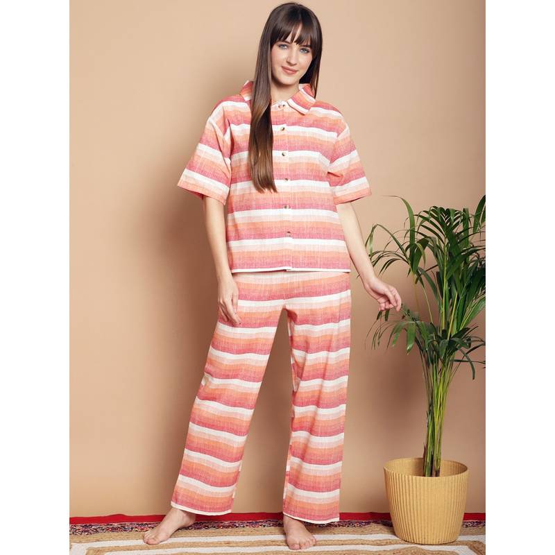 Kanvin Orange Pure Cotton Striped Night Suit (Set of 2) (XL)