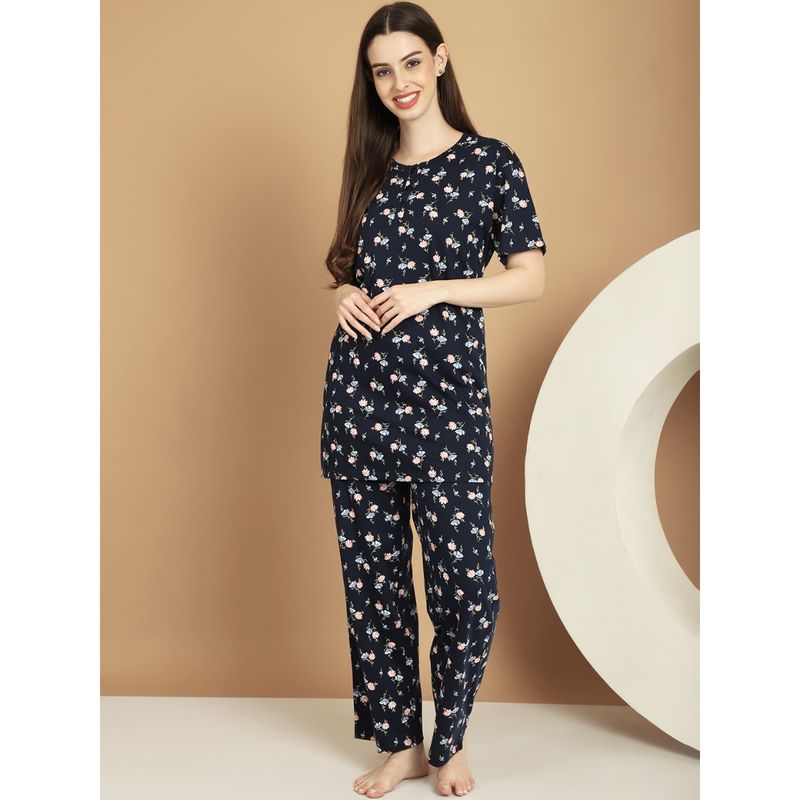 Kanvin Navy Blue Floral Printed Pure Cotton Night Suit (Set of 2) (2XL)