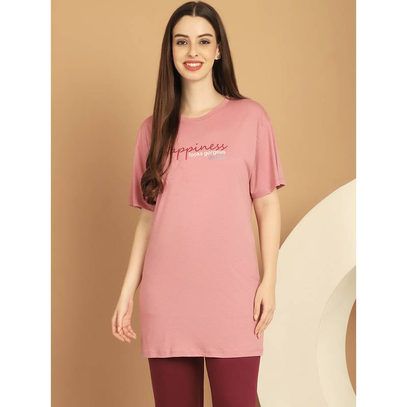 Kanvin Pink Printed Round Neck Lounge T-Shirt (4XL)