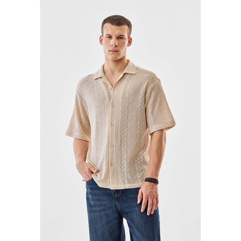 Snitch Beige Crochet Half Sleeves Boxy Casual Shirt for Men (M)