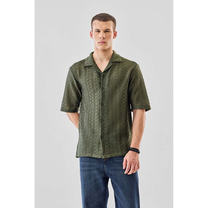 Snitch Olive Textured Half Sleeves Boxy Casual Shirt for Men (XS)