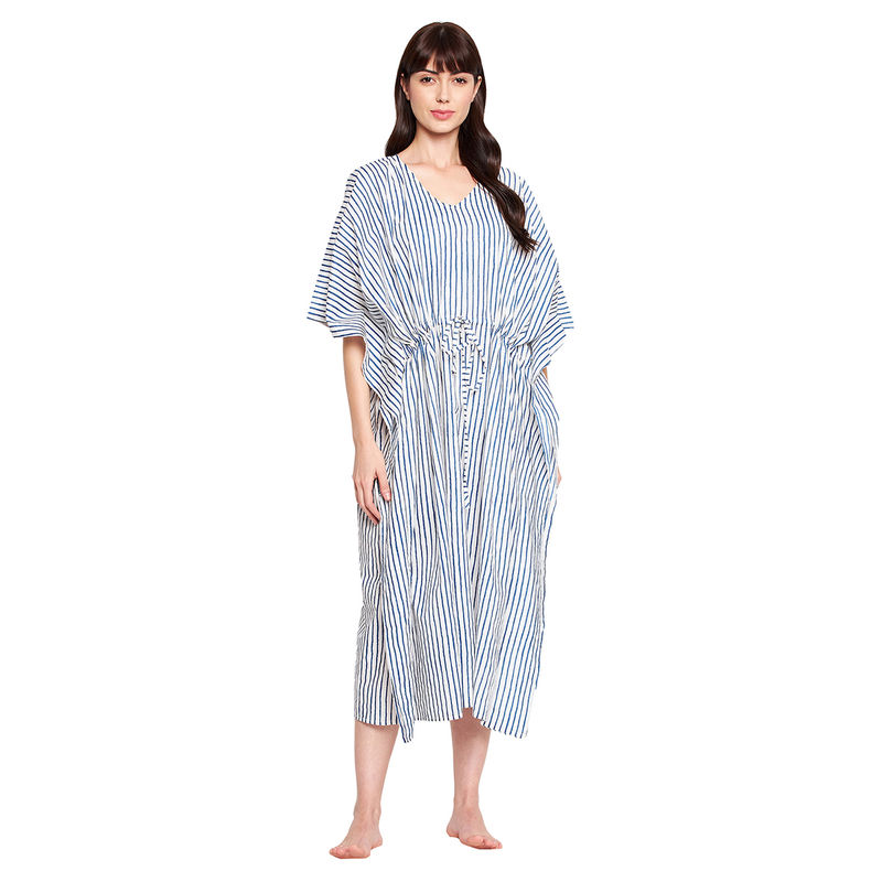 Secrets By ZeroKaata Pure Cotton Striped Kaftan Long Nightdress For Women White (S)