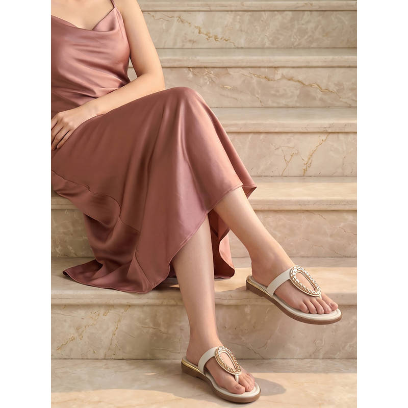 ROCIA By Regal Cream Women Stylish Metallic Buckle Flats (EURO 36)