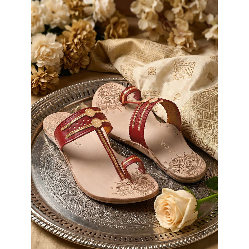 ROCIA By Regal Maroon Women Leather Kolhapuri Flat Sandals (EURO 36)